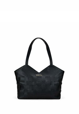 Bolso tote de cuero negro tejido con doble asa para el hombro y logo dorado "BOSANOVA" en el frente.