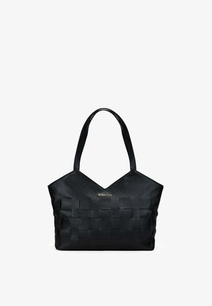 Bolso tote de cuero negro tejido con doble asa para el hombro y logo dorado "BOSANOVA" en el frente.