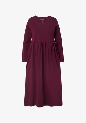 Long-sleeve burgundy dress in soft fabric, featuring a V-neckline and gathered waist, extending to mid-calf length with a relaxed fit.