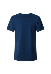 T-shirt en coton bleu marine à manches courtes avec un col rond, texture lisse et dos uni sans logos ni motifs visibles.