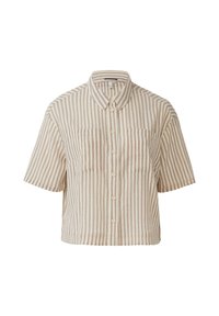 Chemise à manches courtes, avec col, en tissu léger, présentant des rayures verticales beige et marron clair, dotée de deux poches avant et d'une fermeture à boutons.