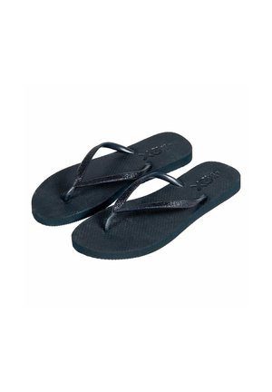 Zwarte slippers met een gestructureerde rubberen zool en glinsterende bandjes. Lichtgewicht ontwerp, geschikt voor casual gebruik.