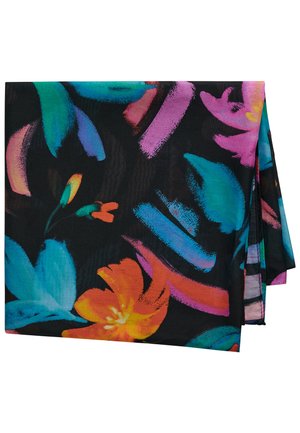 Schwarzer Stoff mit umgeschlagenen Kanten und leuchtenden Blumenmustern in Orange, Blau, Violett und Pink.