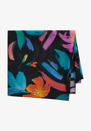 Sort stof med foldede kanter med lyse blomsterprint i orange, blå, lilla og pink farver.
