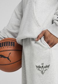 Grå hættetrøje i blødt materiale med en lomme, der har et vingeemblem. En hånd holder en brun basketball med et sort logo.