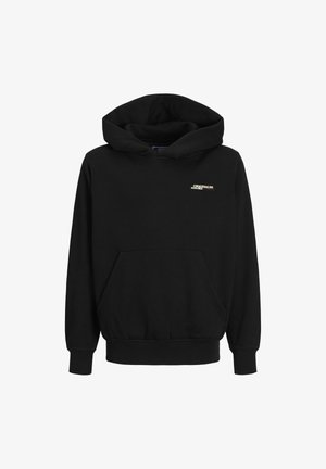 Crna dukserica s kapuljačom izrađena od pamuka, koja sadrži prednji džep u obliku kanadske vjeverice i mali otisnuti logo u zlatu na prsima.