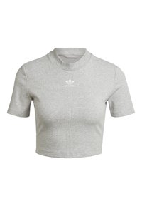 Grå randig kortärmad t-shirt med rund hals och en liten vit Adidas-logotyp på bröstet. Texturerat tyg.