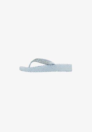 Light blue flip-flop with a braided sole and a sparkly, transparent strap. Smooth texture with decorative accents for added detail.