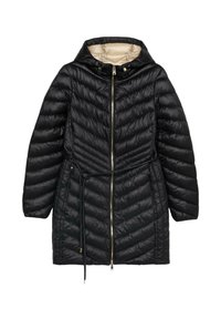 Zwarte pufferjas met capuchon, voorzien van een doorgestikt chevronpatroon, ritsluiting, trekkoord in de taille en een contrasterende beige voering.