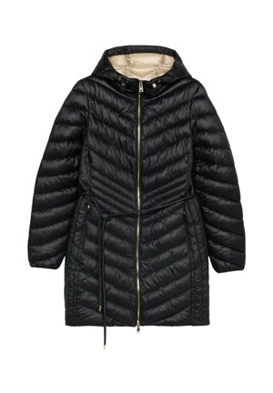 Cappotto nero imbottito con cappuccio, caratterizzato da un design a zigzag trapuntato, chiusura con zip, cordoncino in vita e una fodera beige a contrasto.