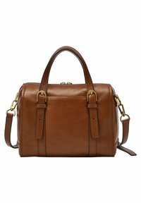 Sac à main en cuir marron avec une forme arrondie, deux poignées supérieures, une bandoulière amovible, des accents en métal doré et des détails de couture visibles.