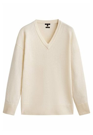Pull col V couleur crème avec manches longues et poignets et base côtelés, présenté sur fond blanc.