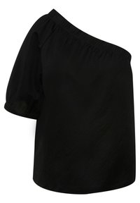Sort off-the-shoulder bluse med løs pasform, korte puffærmer, elastisk halsudskæring og blød, glat stofstruktur.