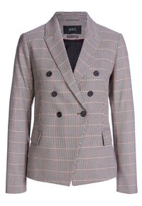Blazer à double boutonnage avec un motif pied-de-poule, boutons foncés, revers crantés, et poches latérales en tissu texturé.