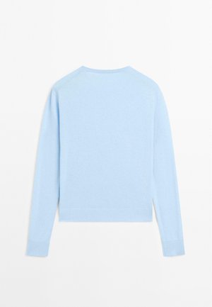 Pull bleu clair à manches longues avec un col rond, des poignets et un ourlet côtelés. Texture douce sans motifs ni accents visibles.