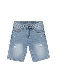 Ljusblå denimshorts med slitna detaljer, femficksdesign, knappstängning och broderad logotyp på midjan.
