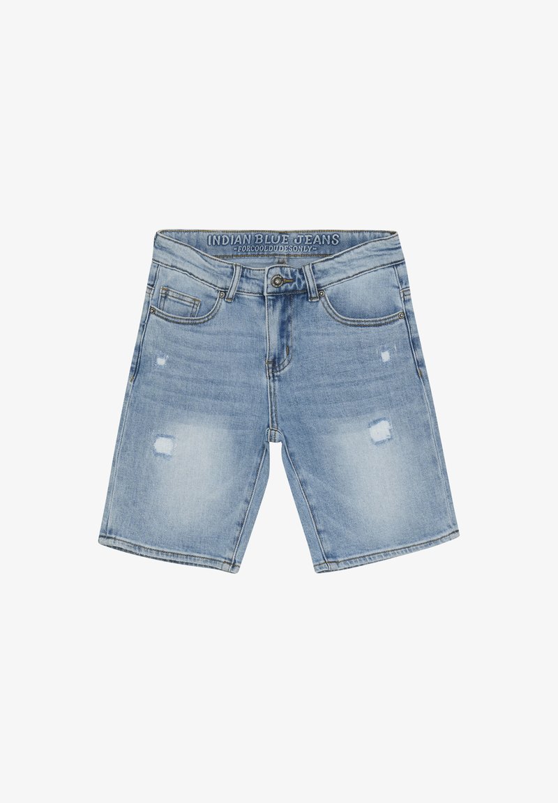 Jasnoniebieskie szorty dżinsowe z przetarciami, pięcioma kieszeniami, zapinane na guzik oraz z haftowanym logo na pasku.