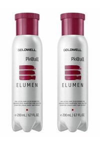 Two 200ml Goldwell Elumen hair color bottles, cylindrical, white with a burgundy cap, featuring a bold logo and product details on the front.