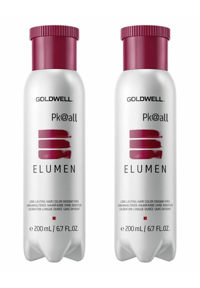 Two 200ml Goldwell Elumen hair color bottles, cylindrical, white with a burgundy cap, featuring a bold logo and product details on the front.