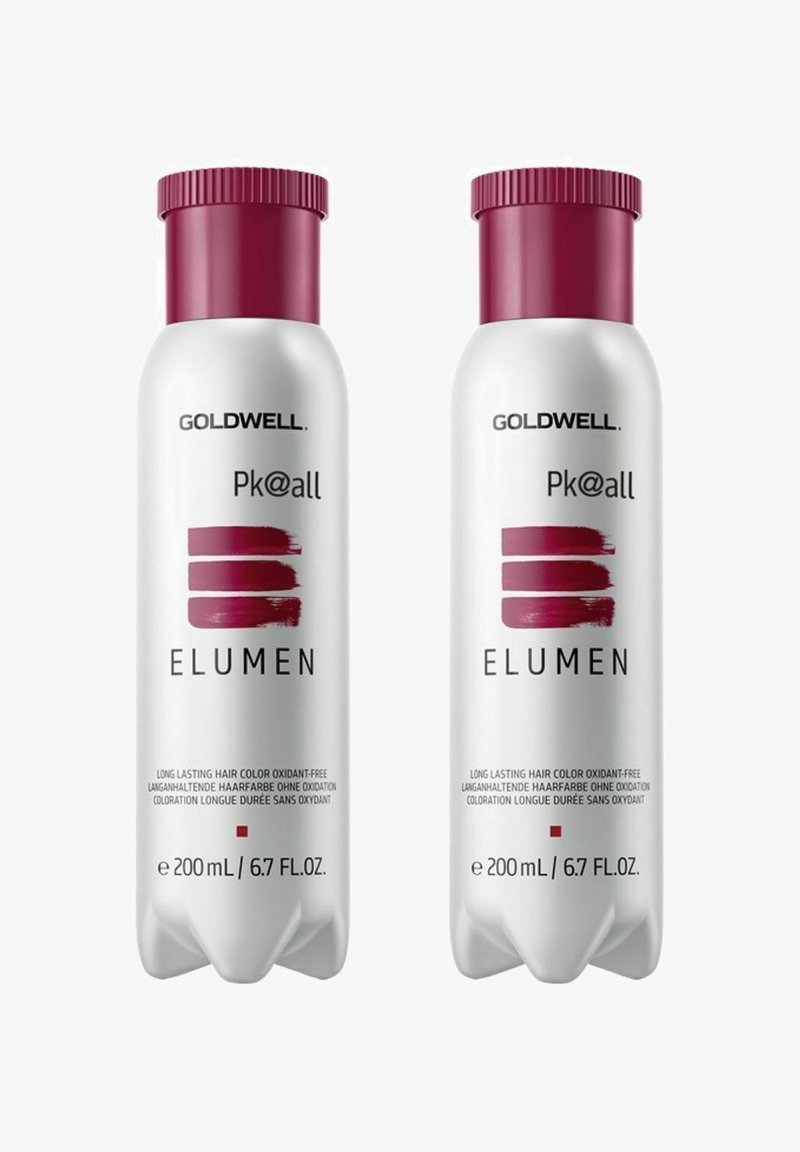 Two 200ml Goldwell Elumen hair color bottles, cylindrical, white with a burgundy cap, featuring a bold logo and product details on the front.