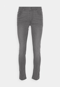 Jeans de mezclilla gris con un ajuste Slim, diseño de cinco bolsillos y ligero efecto desgastado en los muslos. Cierre frontal con botón y pasadores para cinturón.