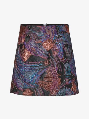 Metallic mini skirt with a textured pattern in vibrant hues of purple and bronze, featuring a black base and decorative buttons on the waistband.