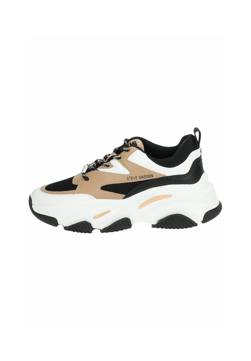 Sneaker voluminoso con una combinazione di colori beige, nero e bianco. Realizzato in materiali sintetici con una suola texturizzata e un colletto imbottito.