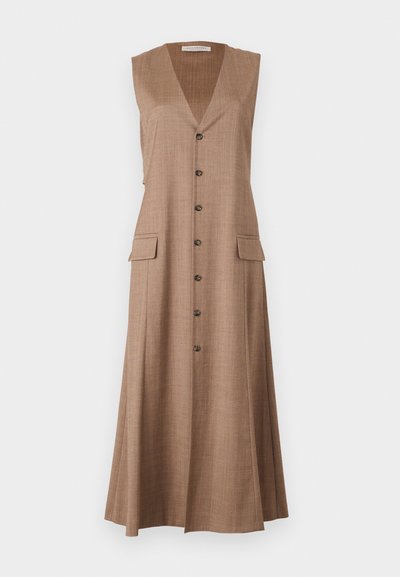 Brun ärmlös klänning med v-ringning, knappfront och två fickor; tillverkad av texturerad, rutad tyg, med en utsvängd nederkant.