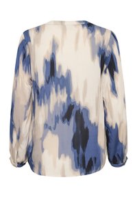Langärmlige Bluse mit lockerem Schnitt, aus weichem Stoff gefertigt. Sie hat ein blau-beiges abstraktes Muster, einen runden Ausschnitt und geraffte Manschetten.