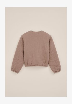 Jakna z dolgimi rokavi, svetlo rjava teksturirana, z elastičnimi manšetami in pasom, prikazana s hrbtne strani na enobarvnem bež ozadju.