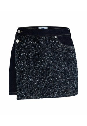 Tume sinine denim seelik, millel on tekstuurne pind, metallist nupud, esikott ja kontrastsete õmblustega detailid.