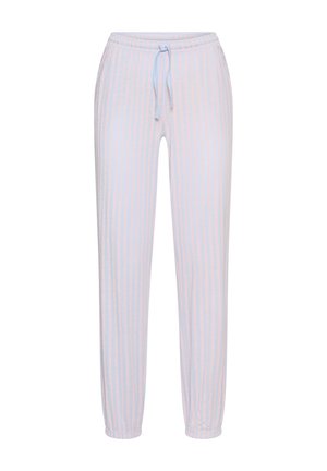 Lichtblauwe en lichtroze gestreepte zachte stoffen broek met elastische tailleband en trekkoord, taps toelopende pijpen met elastische boorden.