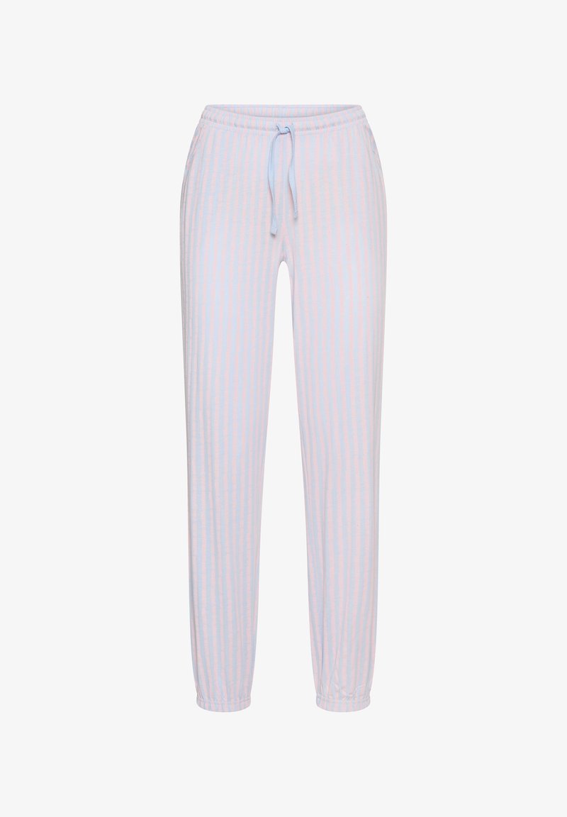 Svetlomodré a bledoružové pruhované mäkké látkové nohavice s elastickým pásom a sťahovacou šnúrkou, zúžené nohavice s elastickými lemami.