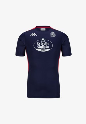 Maglia sportiva blu navy con maniche corte, con dettagli rossi ai lati, caratterizzata da un logo bianco di Estrella Galicia sul fronte e sul retro.