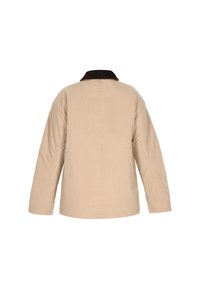 Jachetă bej, supradimensionată, cu guler din corduroy maroniu, cu un croi drept și mâneci lungi, fabricată dintr-un material ușor.