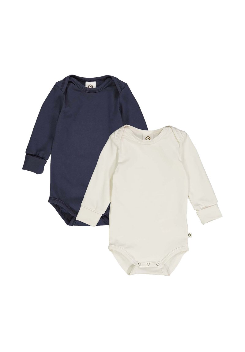 Set aus zwei Langarm-Body: einer in Marineblau, einer in Creme. Beide bestehen aus weichem Stoff, haben runde Ausschnitte und Druckknopfverschlüsse am Boden.