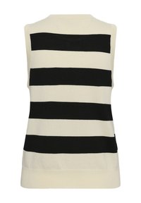 Gilet en tricot sans manches avec de larges rayures horizontales noires et crème, vu de dos.