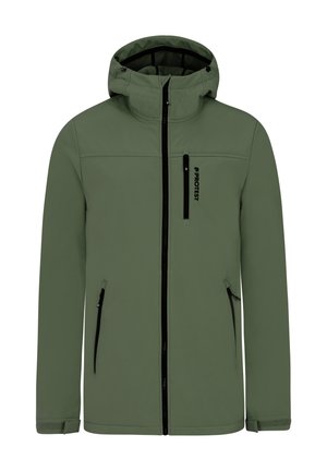 Groene softshell jas met capuchon, ritssluiting aan de voorkant, zwarte accenten en twee ritssluitingen aan de zijkant. Bevat een logo op de borst en verstelbare manchetten.