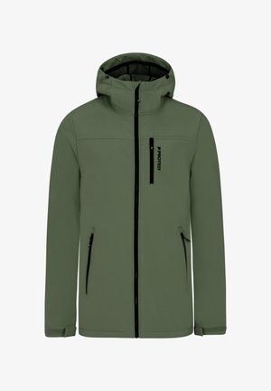 Zielona kurtka softshell z kapturem, z zamkiem z przodu, czarnymi akcentami oraz dwiema kieszeniami bocznymi na zamek. Posiada logo na piersi i regulowane mankiety.