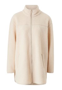 Giacca in pile con zip color beige chiaro, caratterizzata da un colletto alto, tasche laterali e una superficie testurizzata con un aspetto morbido e peloso.
