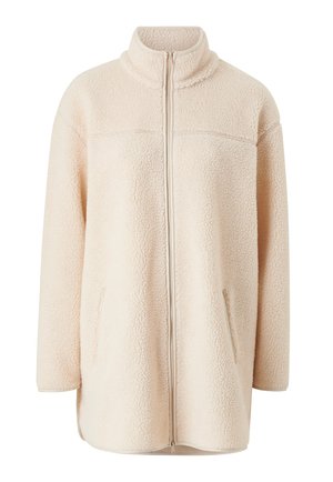 Veste zippée en polaire de couleur beige clair, avec un col haut, des poches latérales et une surface texturée au toucher doux et moelleux.