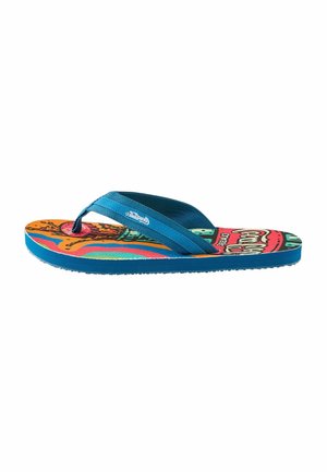 Blauer Flip-Flop-Sandale mit bunter bedruckter Sohle mit abstrakten Mustern und einem stabilen Stoffriemen oben.