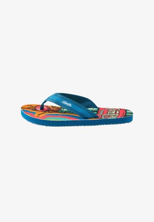 Blue flip-flop sandal with a colorful printed sole featuring abstract patterns and a sturdy fabric strap across the top.