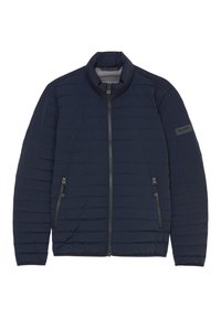 Donkerblauwe doorgestikte jas met opstaande kraag, twee met rits afgesloten zijzakken en een strak ontwerp. Gemaakt van lichtgewicht stof.