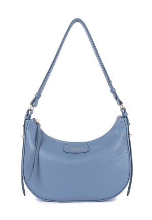 Sac à main en cuir bleu clair de forme incurvée, avec une bandoulière réglable, des accents en matériel doré et une fermeture éclair. Surface texturée.