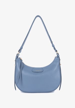 Light blue leather handbag with a curved shape, adjustable shoulder strap, gold hardware accents, and a zip closure. Textured surface.