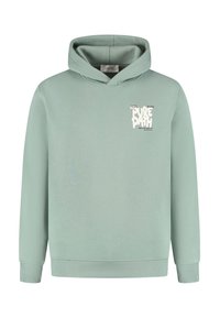 Lichtgroene hoodie met voorzak, geribbelde manchetten en witte "PURE PATH" tekstlogo op de linkerborst.