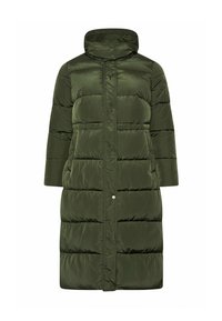 Lang dunjakke i mørk olivengrønn med høj krave, knaplukning og vandret syninger for isolering. Glat, blank overflade.