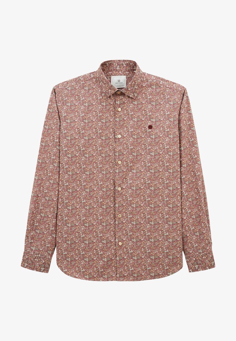 Chemise à manches longues pour homme avec un motif floral rose et blanc et un petit logo circulaire rouge foncé sur la poitrine.