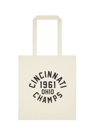 Beige mulepose med to håndtag og sort tekst, der lyder "CINCINNATI 1961 OHIO CHAMPS" i en cirkulær opstilling.